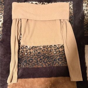 Chic Tan Ribbed Knit Off The Shoulder Crop Top